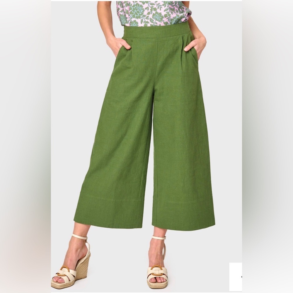Gibsonlook Wide Leg Linen Blend Cropped Pants – Green – Size Medium